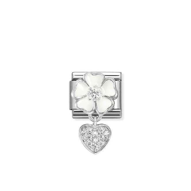 Classic Silver, Enamel and CZ White Flower with Heart Love & Hearts Charms