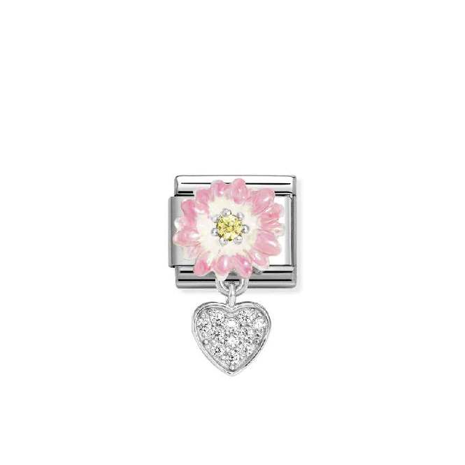 Classic Silver, Enamel and CZ Pink Daisy with Dangly Heart Love & Hearts Charms