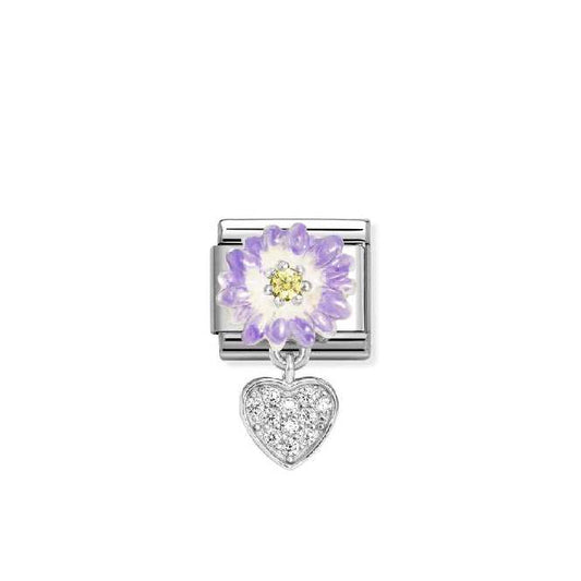 Nomination Classic Silver, Enamel and CZ Lilac Daisy with Dangly Heart Love & Hearts Charm