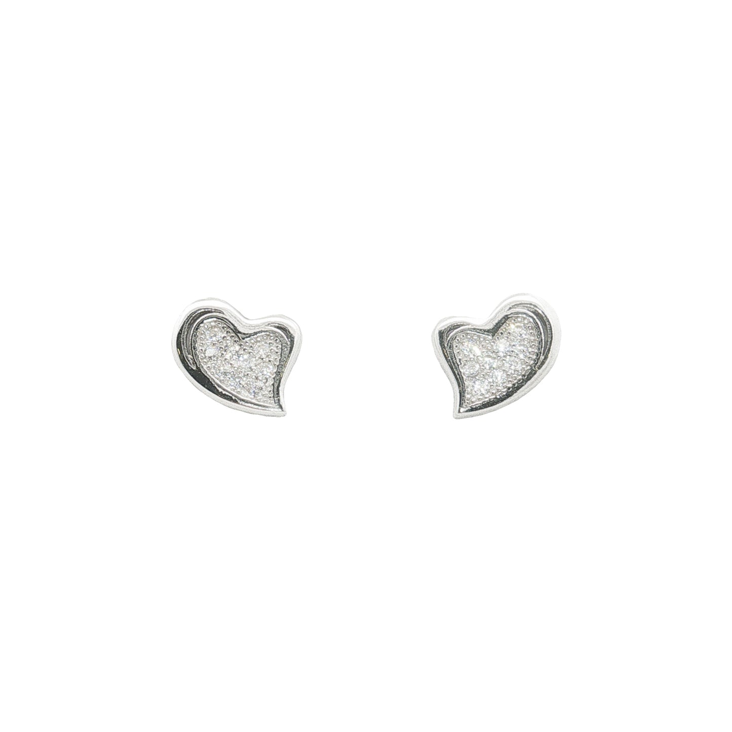 Grace & Co Silver Slanted CZ Heart Stud Earrings