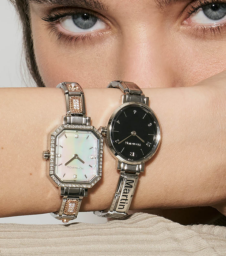 Time Paris Oval Black Dial & Silver Charm Bracelet Watch with CZ
