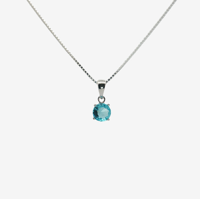 Silver & CZ Blue 5mm Pendant Necklace
