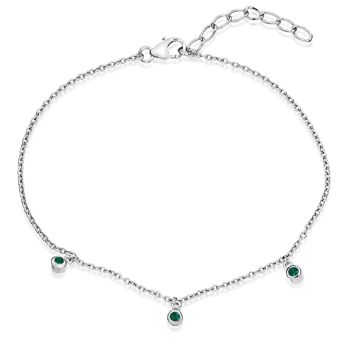 A fine sterling silver chain bracelet featuring three evenly spaced emerald green cubic zirconia stones and an adjustable extender.