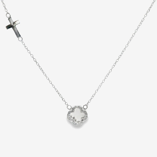 Silver Clover and Cross Necklace