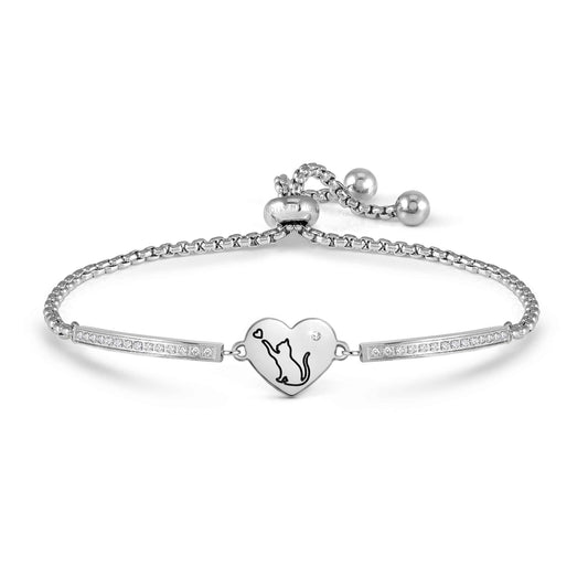 Milleluci Engraved Cat in Heart Bracelet in Silver & CZ