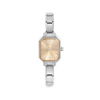 Time Paris Rectangle Yellow Gold Dial & Silver Charm Bracelet Watch