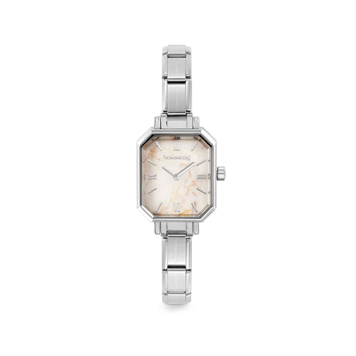 Time Paris Rectangle Marble White Dial & Silver Charm Bracelet Watch