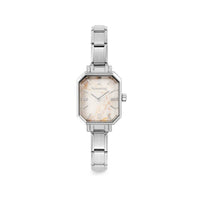 Time Paris Rectangle Marble White Dial & Silver Charm Bracelet Watch