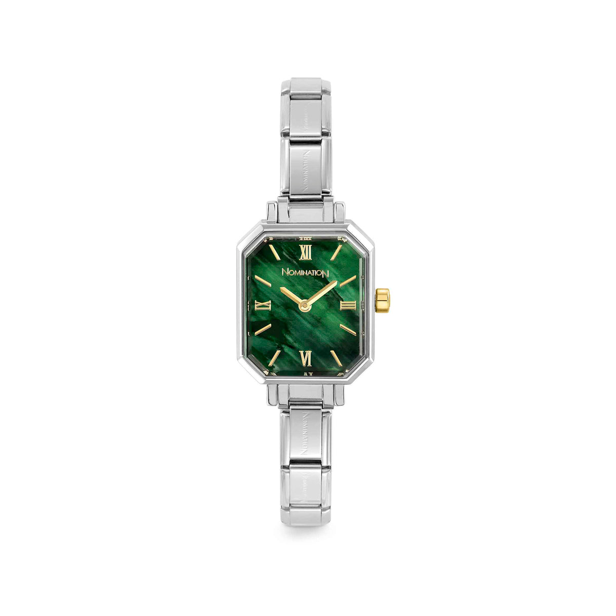 Time Paris Rectangle Malachite Green Dial & Silver Charm Bracelet Watch