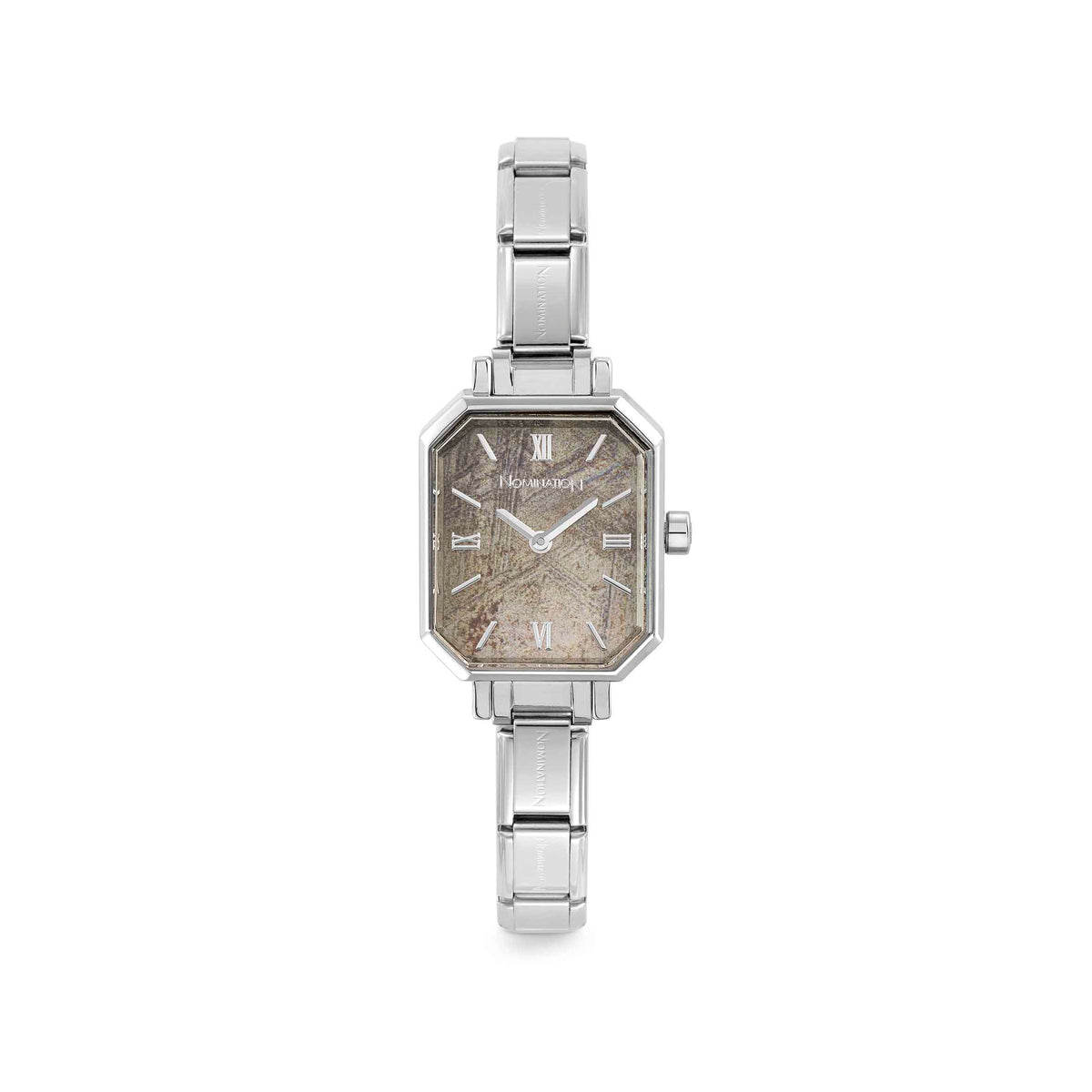 Time Paris Rectangle Meteorite Grey Dial & Silver Charm Bracelet Watch