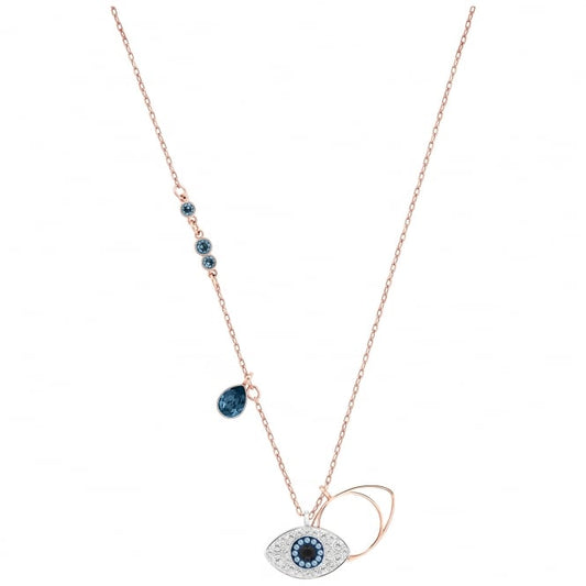 Symbolic Evil Eye Blue Crystal Pendant Necklace in Rhodium Silver