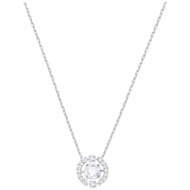 Una White Crystal Round Pendant Necklace in Rhodium Silver
