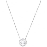 Una White Crystal Round Pendant Necklace in Rhodium Silver