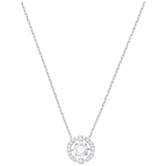 Una White Crystal Round Pendant Necklace in Rhodium Silver