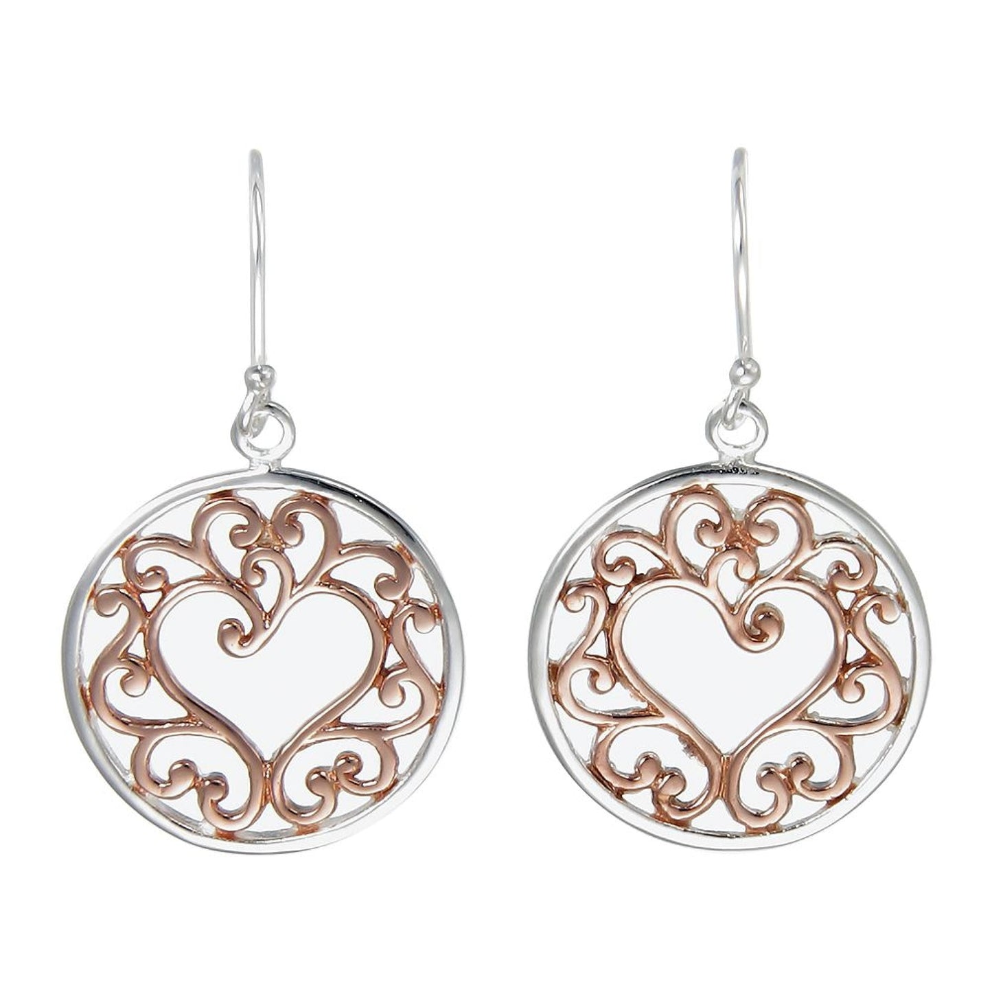 Grace Silver Ornate Open Heart Drop Earrings with Rose Gold