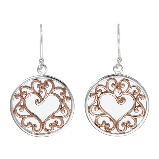 Grace Silver Ornate Open Heart Drop Earrings with Rose Gold
