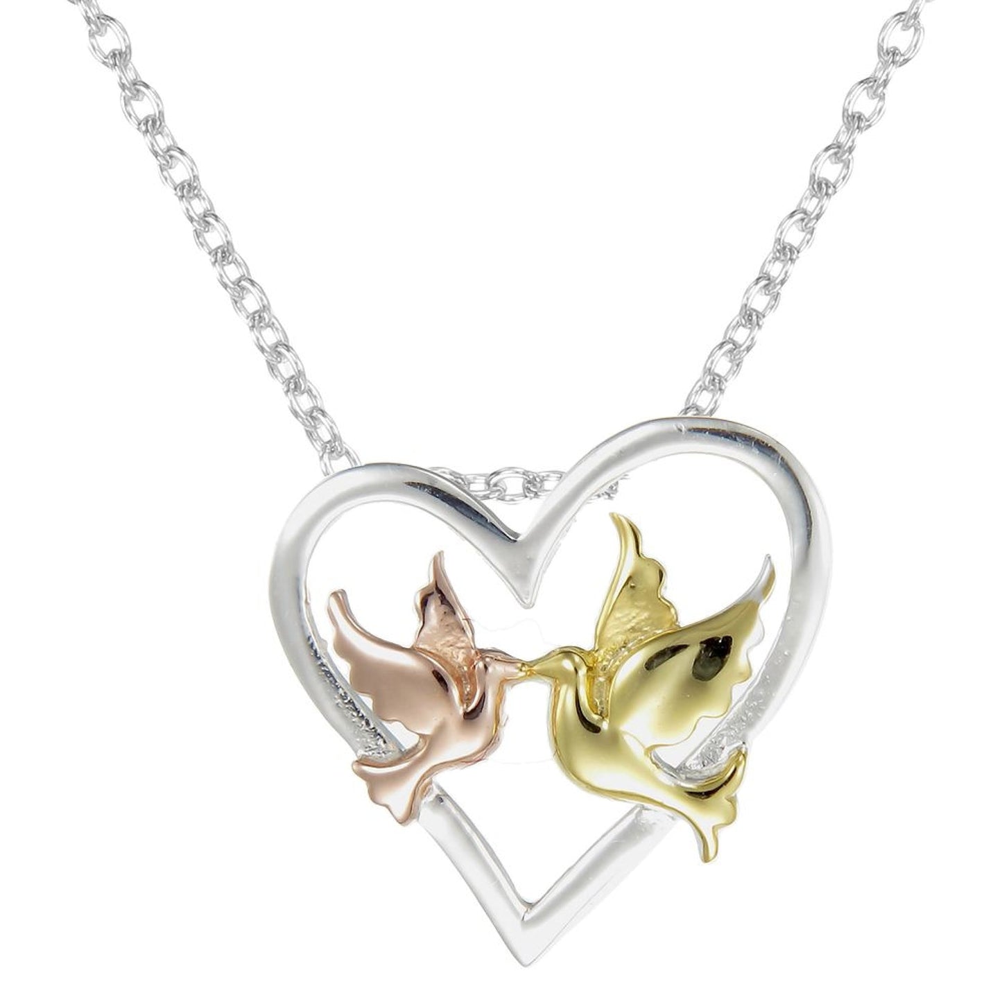 Grace Silver Love Birds In An Open Heart Pendant Necklace with Rose & Gold