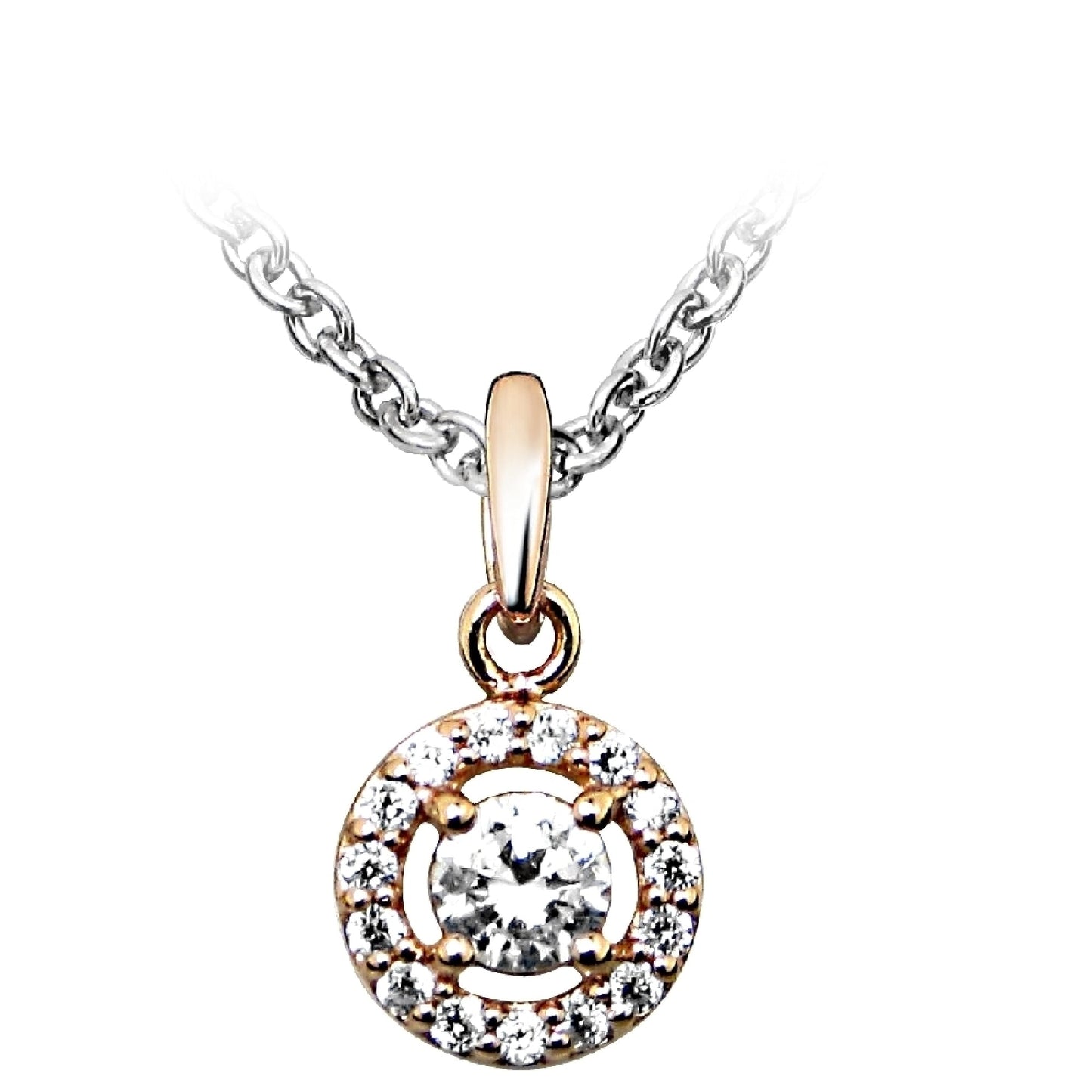 Silver, Rose Gold Vermeil & CZ Circle Solitaire Pendant Necklace