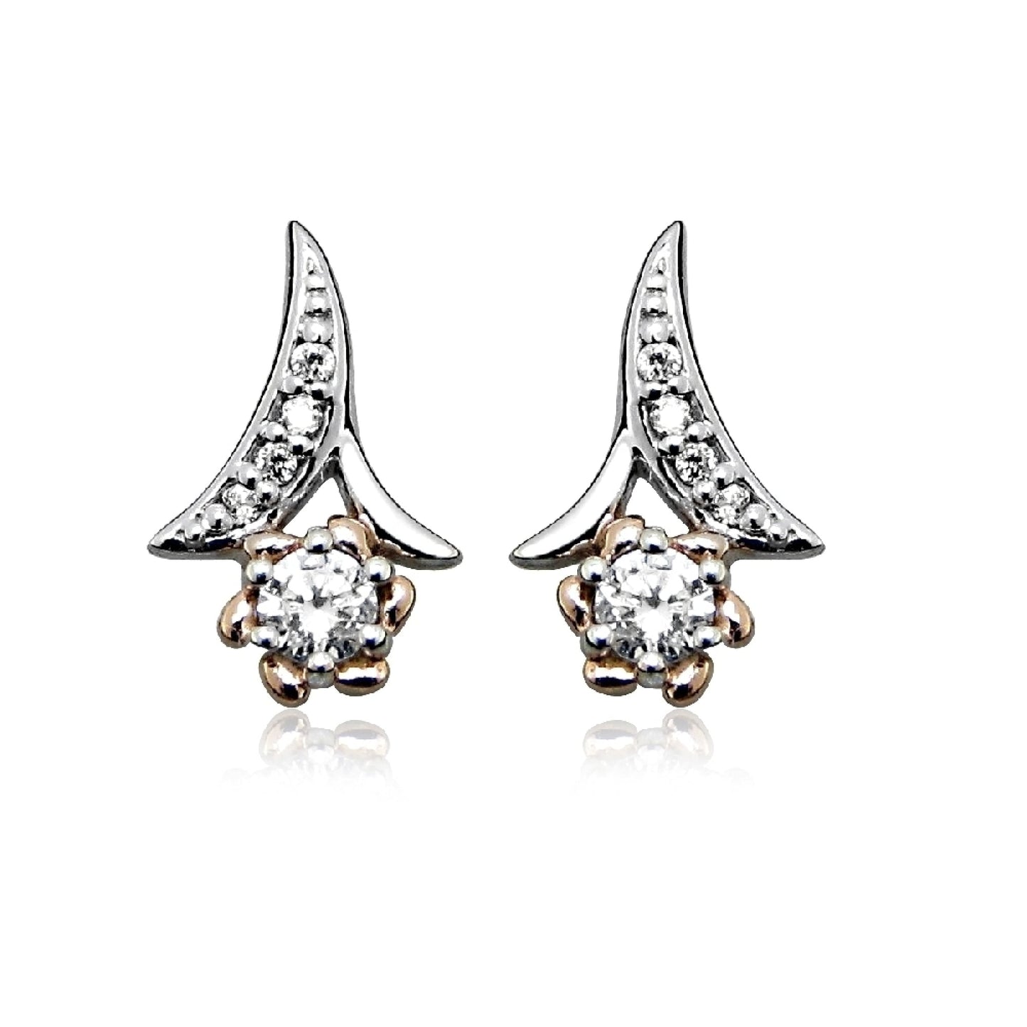 Rose Gold, Silver & CZ Flower Stud Earrings