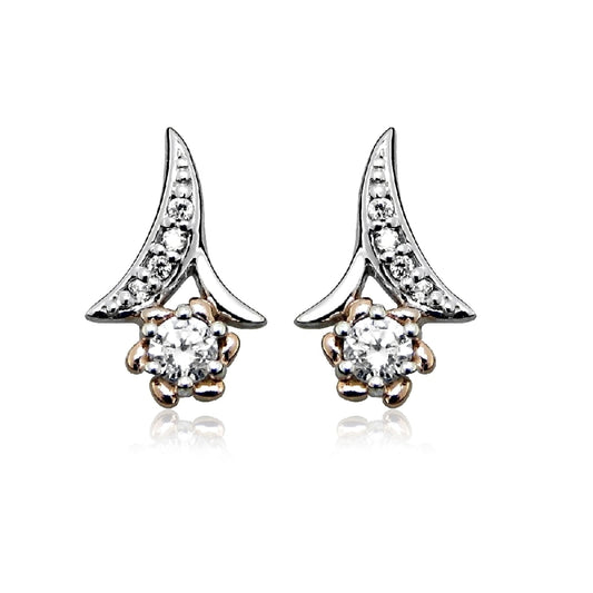 Rose Gold, Silver & CZ Flower Stud Earrings