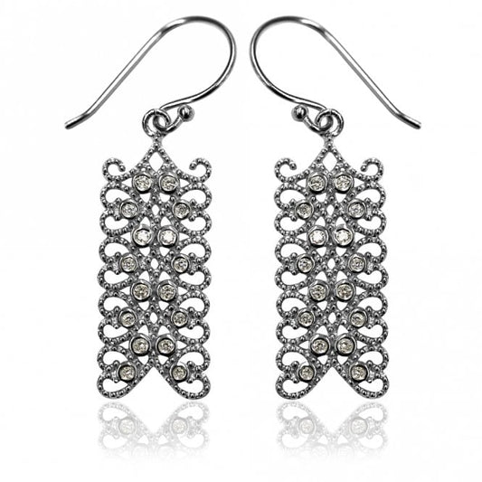 Grace Lace Silver Rectangle CZ Paisley Earrings