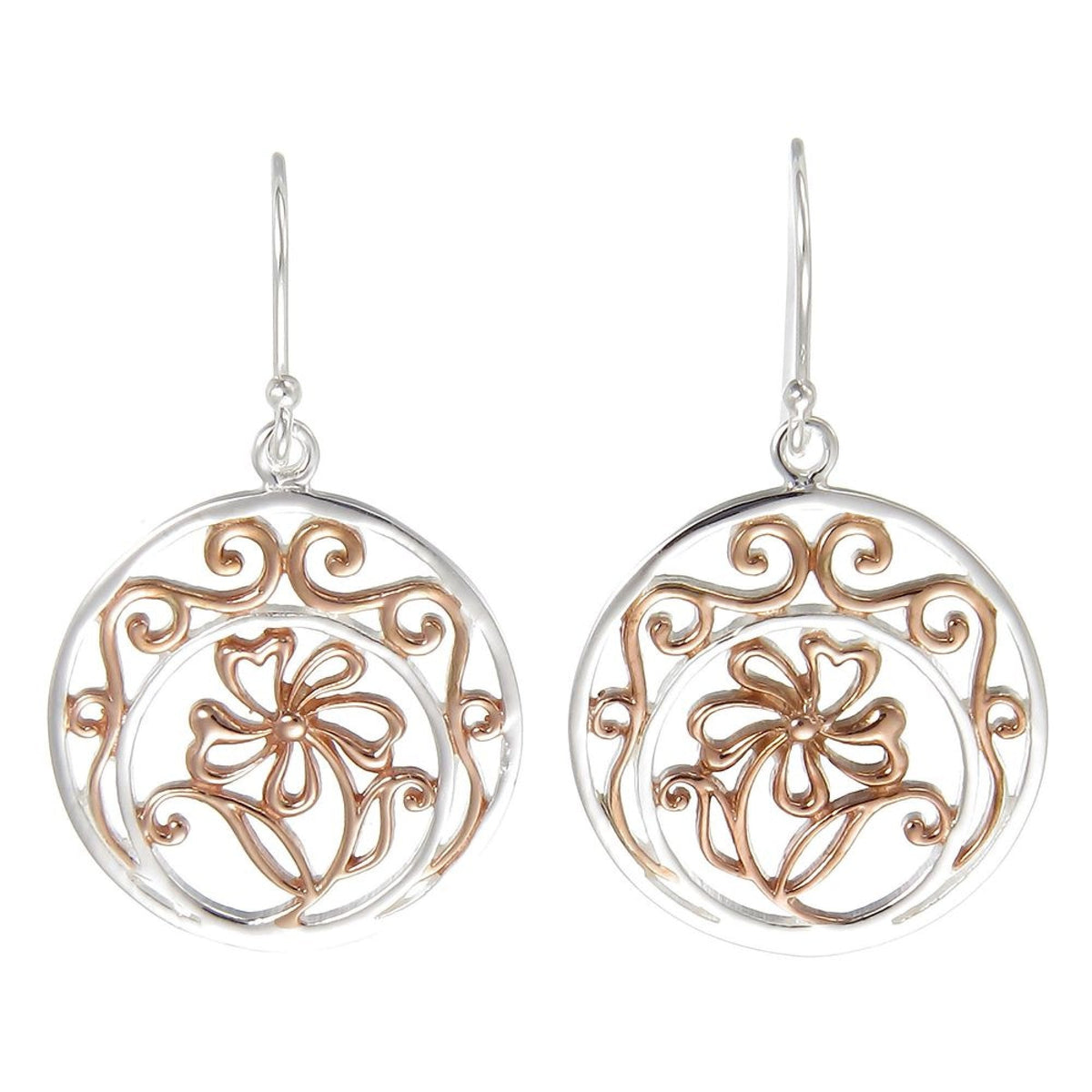 Silver Ornate Drop Earrings Rose Gold