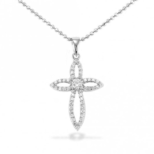 Silver & CZ Pave Open Cross Pendant Necklace