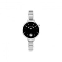 Time Round Black Dial & Silver Charm Bracelet Watch with CZ