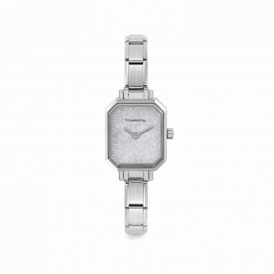 Time Rectangle Silver Glitter Dial & Silver Charm Bracelet Watch