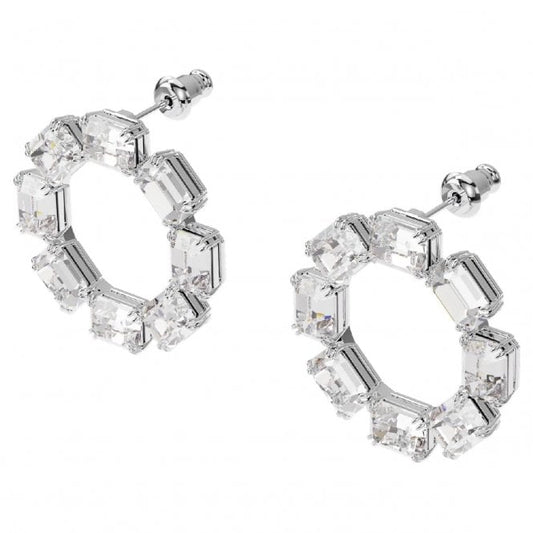 Millenia Earrings with White Circle Crystal in Rhodium Silver