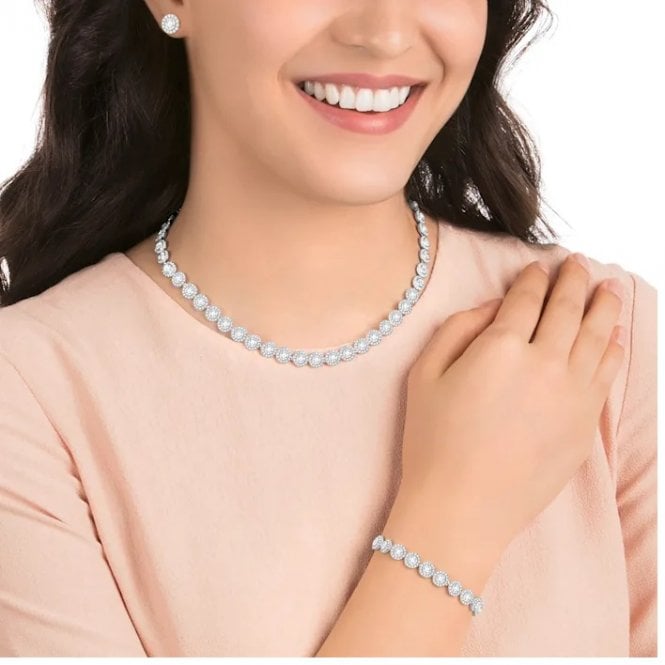 Una Angelic Round-Cut Complete Set with White Crystal in Rhodium Silver