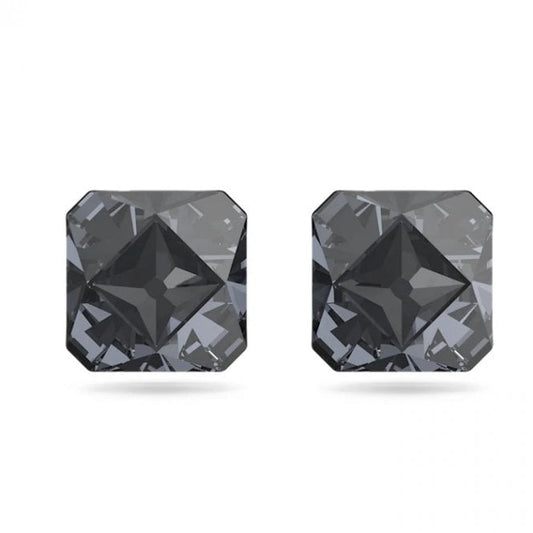 Matrix Pyramid Cut Stud Earrings with Grey Crystal in Ruthenium