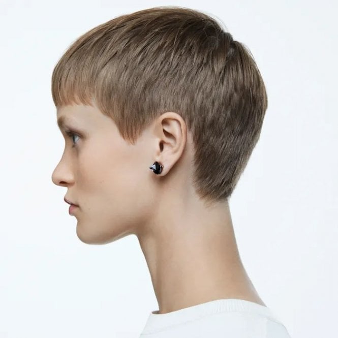 Matrix Pyramid Cut Stud Earrings with Grey Crystal in Ruthenium