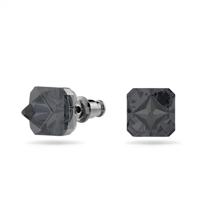 Matrix Pyramid Cut Stud Earrings with Grey Crystal in Ruthenium