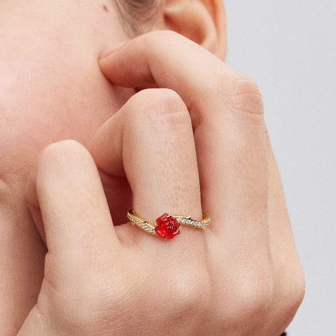 Disney Beauty and the Beast Gold Enchanted Rose Ring, Size 56