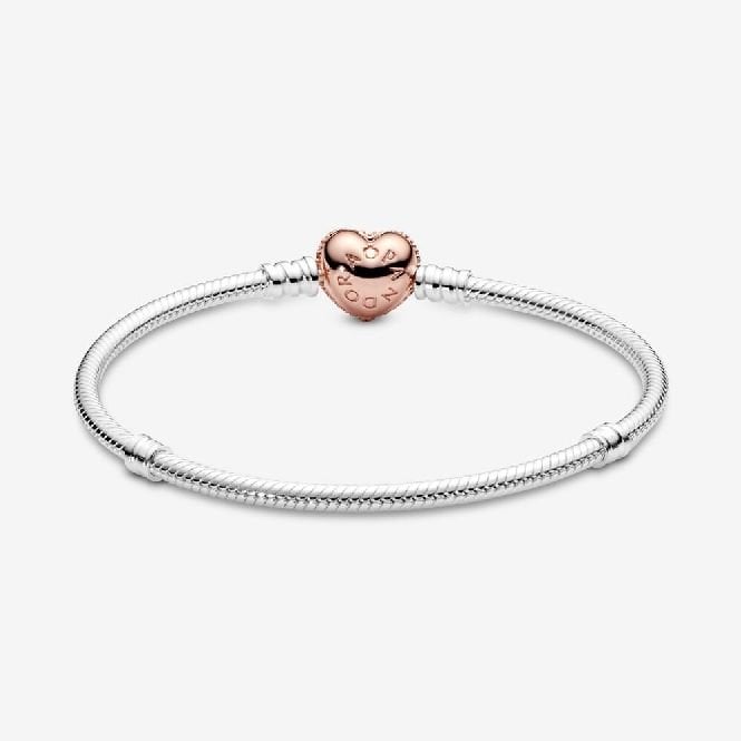 Moments Pave Heart Clasp Snake Chain Bracelet, 18cm