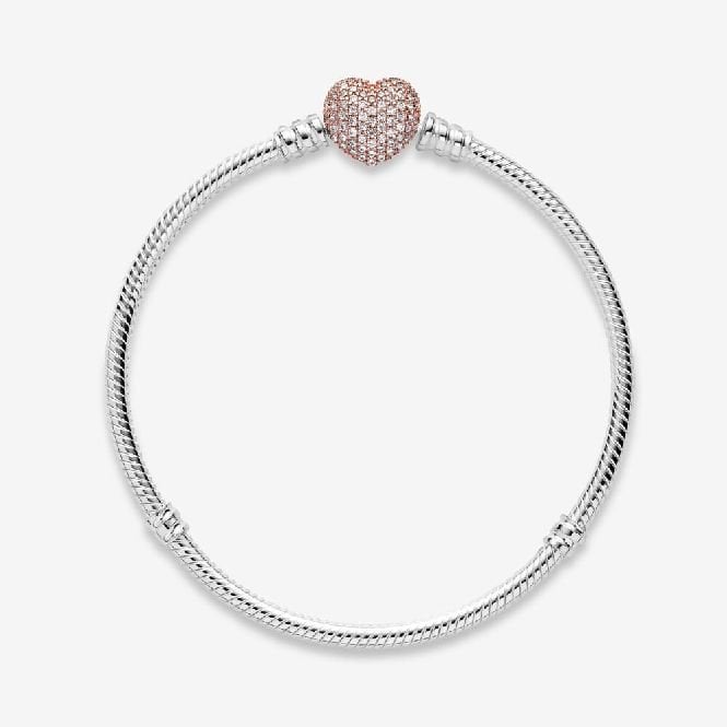 Moments Pave Heart Clasp Snake Chain Bracelet, 19cm