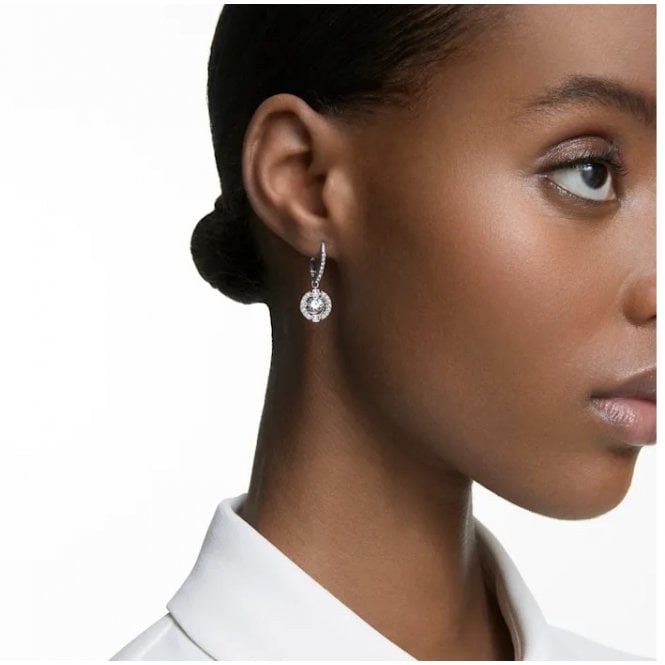 Una Drop Earrings with Round-Cut White Crystal in Rhodium Silver