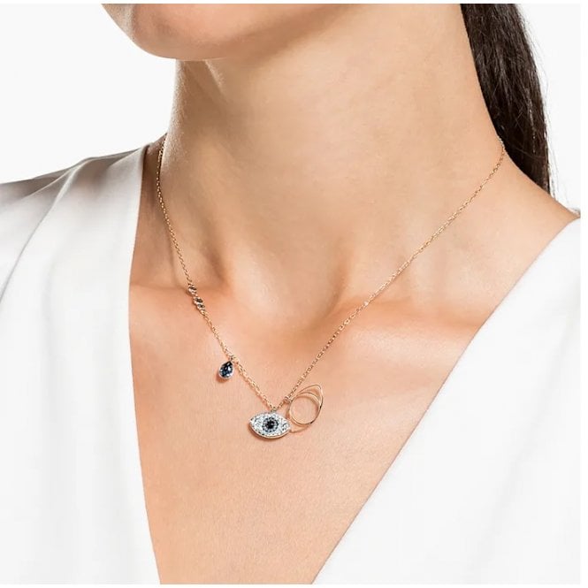Symbolic Evil Eye Blue Crystal Pendant Necklace in Rhodium Silver