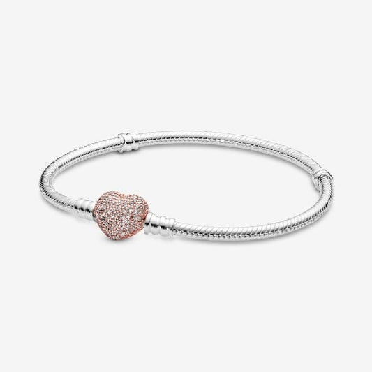 Moments Pave Heart Clasp Snake Chain Bracelet, 19cm