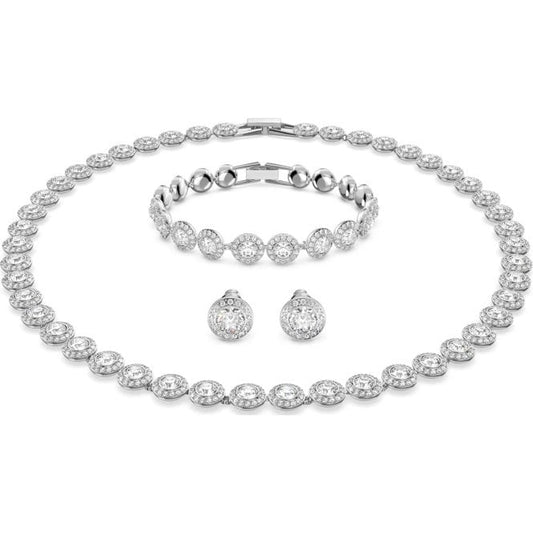 Una Angelic Round-Cut Complete Set with White Crystal in Rhodium Silver