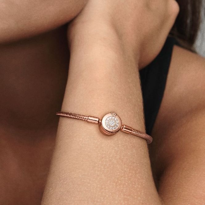 Moments Rose Sparkling Crown O Snake Chain Bracelet, 18cm
