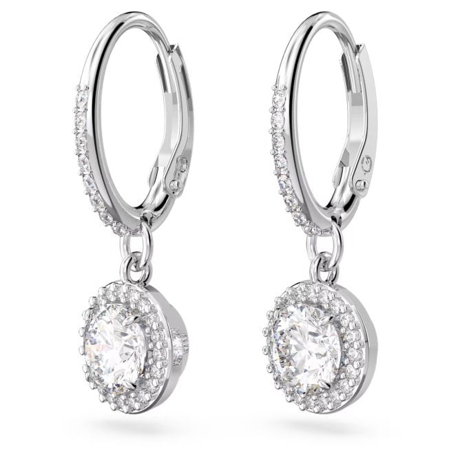 Una Drop Earrings with Round-Cut White Crystal Pave in Rhodium Silver