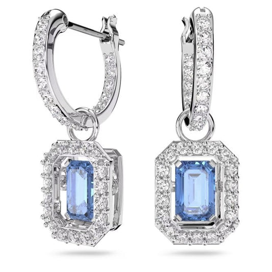 Una Drop Earrings with Octagon-Cut Blue Crystal in Rhodium Silver