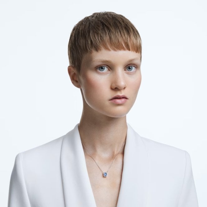 Una Necklace with Octagon-Cut Blue Crystal in Rhodium Silver