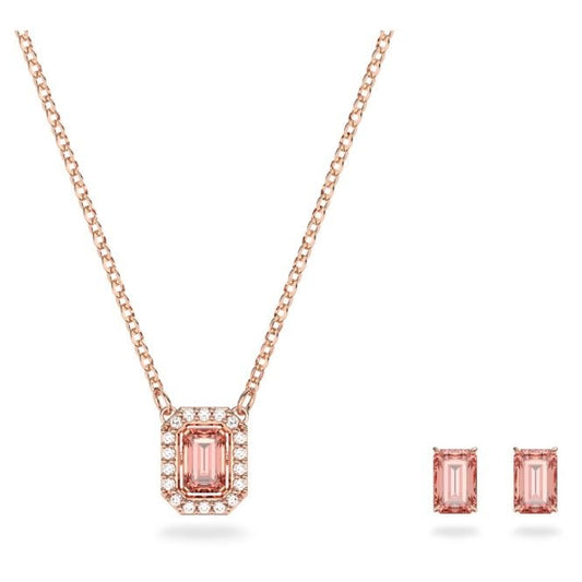 Una Necklace & Earrings Set with Octagon-Cut Pink Crystal in Rose Gold