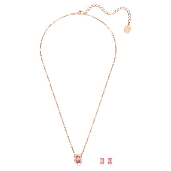 Una Necklace & Earrings Set with Octagon-Cut Pink Crystal in Rose Gold