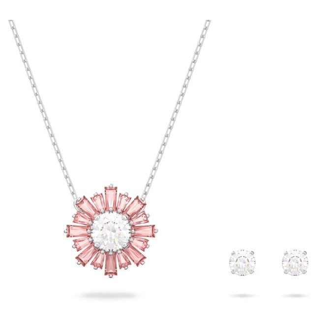 Idyllia Necklace & Earrings Set with Pink Crystal in Rhodium Silver