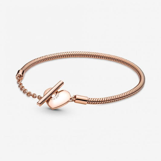 Moments Rose Heart T-Bar Snake Chain Bracelet, 21cm
