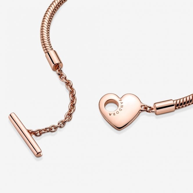 Moments Rose Heart T-Bar Snake Chain Bracelet, 21cm